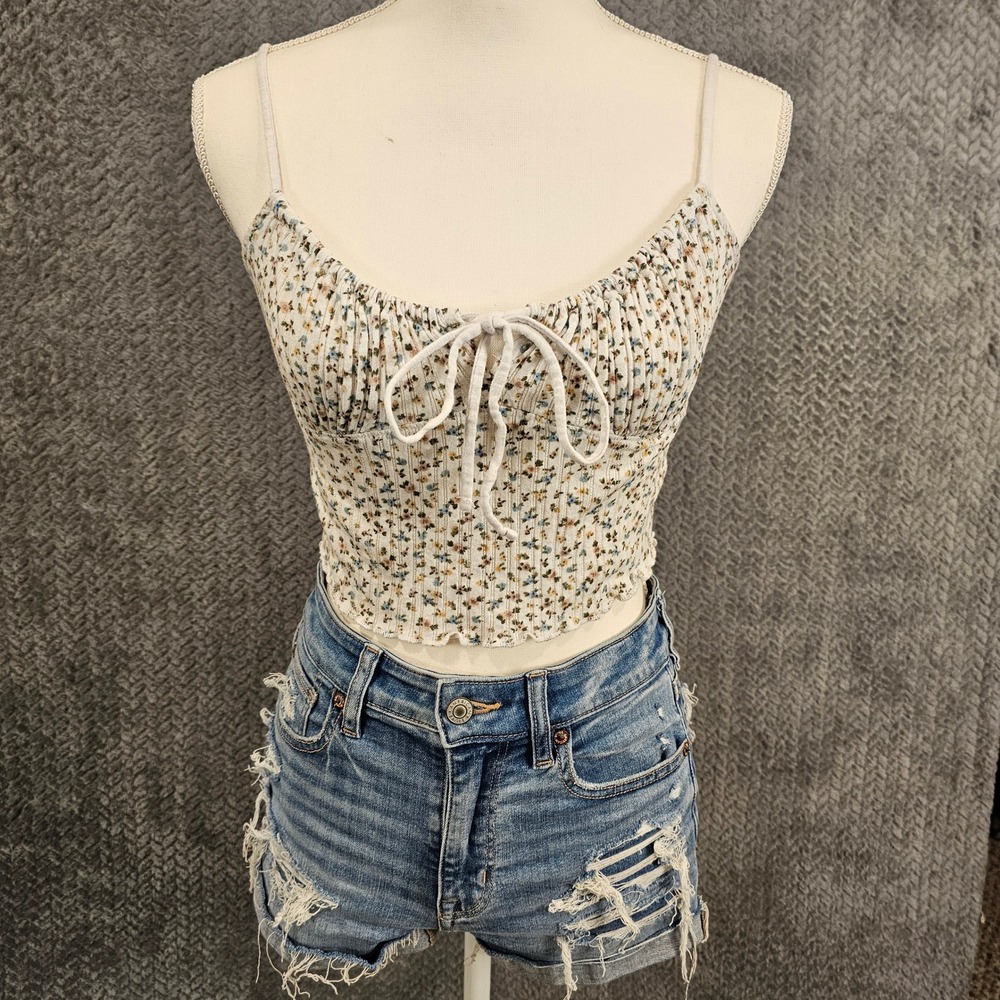 Floral Ribbed Tie Front Crop Top Cream Spaghetti Strap Lettuce Hem Size S/M‎